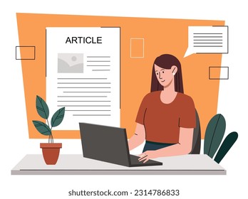 Woman write online articles concept. Copywriter and freelancer makes money on Internet. Young girl will create interesting content for website and webpage. Cartoon flat vector illustration