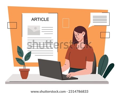 Woman write online articles concept. Copywriter and freelancer makes money on Internet. Young girl will create interesting content for website and webpage. Cartoon flat vector illustration