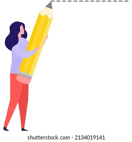 Woman write with pencil vector icon. Female writer make note person isolated on white background. Student study, girl blog author create idea
