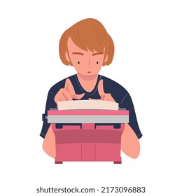 Woman Writer Character at Typewriter Writing Book Engaged in Creative Literary Work Vector Illustration