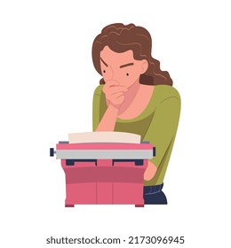 Woman Writer Character at Typewriter Writing Book Engaged in Creative Literary Work Vector Illustration