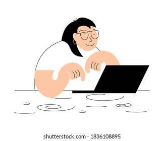 Woman writer create storytelling with laptop. Journalist or blogger writing content concept in simple minimalistic line design. Flat Art Vector Illustration