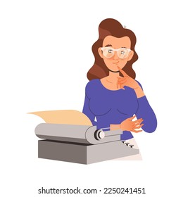 Woman Writer in Glasses at Typewriter Engaged in Writing Process Creating Plot Vector Illustration