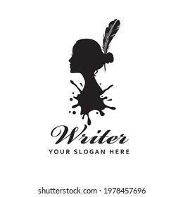 woman writer icon with feather pen against background of ink blot isolated on white background