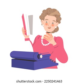 Woman Writer with Notepad at Typewriter Engaged in Writing Process Creating Plot Vector Illustration