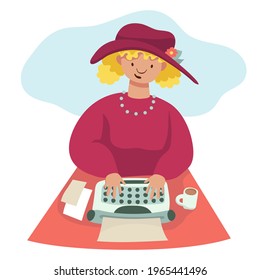 Woman writer typing on vintage typewriter. Flat cartoon illustration for creative social media promotion and blogging