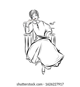 Woman writer writes a new book. Girl is reading a book while sitting in an armchair. Lady  in retro style. Drawing for coloring