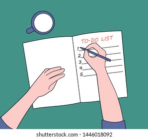 
Woman writes To do list in the notebook, vector illustration. Top view
