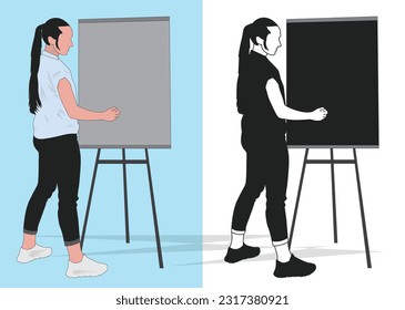 a woman in writes formulas on the blackboard vector
