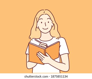 A woman writes a list of goals for 2021 in a white notebook. Hand drawn style vector design illustrations.