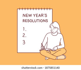 A woman writes a list of goals for 2021 in a white notebook. Hand drawn style vector design illustrations.