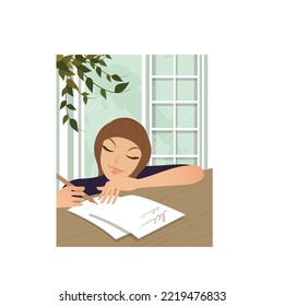 The woman writes a love letter. Vector illustration. 