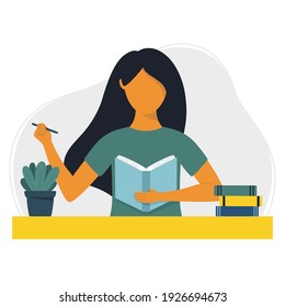 Woman writes in a notebook or diary. Writing, studying and reading concept. Flat vector illustration.