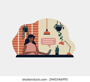 A woman writes on her phone and receives messages.