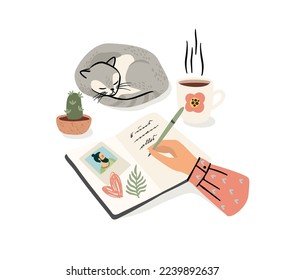 Woman writes. Romantic illustration. Isolated vector design concept for Valentines Day and other use.