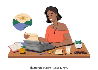 Woman writes story on typewriter, workplace, writer or journalist typing article or post, cup of tea or coffee, books and pens on table. Vector afro american correspondent dreaming about rest