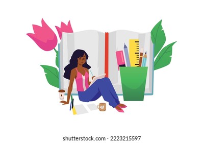 Woman writes texts for publication in social networks or for advertising company or business project, flat vector illustration isolated on white background.