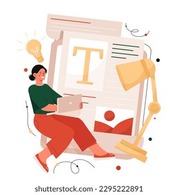 Woman writing article. Copywriter to create interesting content for websites and social networks. Typewriter and talented author. Journalist and freelancer. Cartoon flat vector illustration