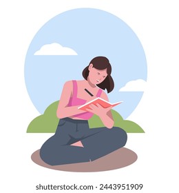 woman is writing in a book. businesswoman. devise a strategy. Work. suitable for business themes. flat vector illustration.