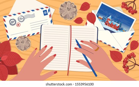 A Woman writing by hand in a notebook. A Concept of letter mailing, greeting card for friends, a to-do list, a wish list. Vector illustration in a flat cartoon style.
