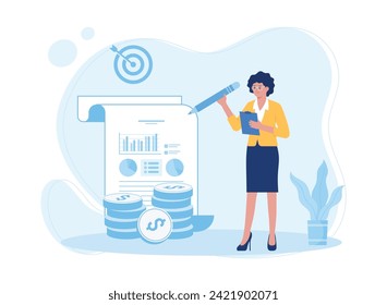 woman writing company data report document trending concept flat illustration