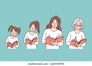 Woman writing in diary all her life. Small girl, adult woman and old grandmother handwriting in planner or journal, making memories. Vector illustration. 