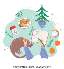 Woman is writing down future plans in her diary.  Winter Holidays indoor scene. Cozy home. Hand drawn vector illustration.