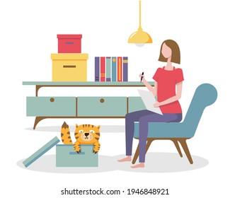 The woman was writing down a list of the items she had packed in a crate to keep the house tidy. Her messy cat was constantly interrupting her work. vector illustration flat design