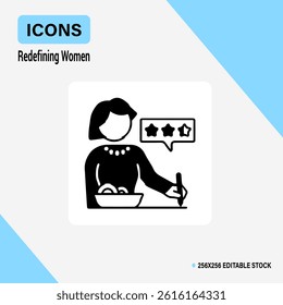 Woman writing feedback icon: A female icon with a pen writing review on a paper, speech bubble with 3 star rating in a simple black and white style.