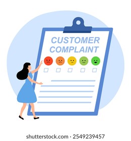 Woman writing feedback and opinion on customer complaint paper document. Review from client. Consumer made complaint for service.