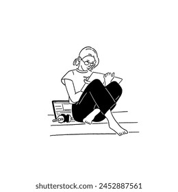 Woman writing Freelance job working with Labtop Digital no mad Lifestyle Hand drawn line art Illustration