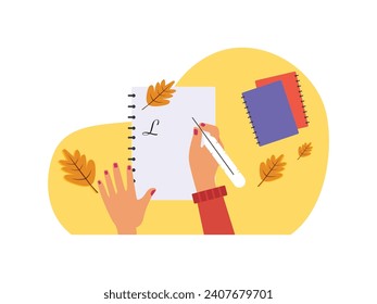 Woman writing in ink on a note book, recounting a day in the fall in a personal journal. Character design. Vector flat illustration