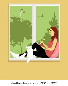 Woman writing in a journal, sitting in a window with a cat, EPS 8 vector illustration