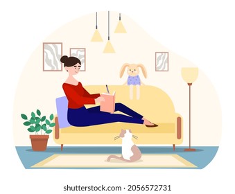 Woman writing letter concept. Female character sits on cozy sofa and writes down her impressions in diary. Rest and relaxation at home. Cartoon flat vector illustration isolated on white background