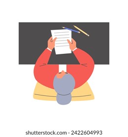 Woman writing a letter, overhead view, isolated vector illustration in flat cartoon style. Elderly lady sits at a table, piece of paper and pencils in front of her. Top view and unusual angle