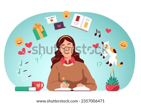 Woman writing making author notes in diary book. Dreamy writer or student person planning, writing down creative ideas, thoughts, love stories in notebook. Girl diary concept flat vector illustration