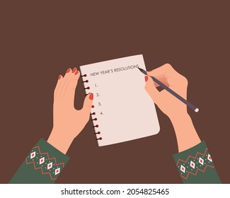 Woman writing new year's resolutions in her notebook. A list of goals concept. Female hand. Colorful, modern vector illustration in cartoon flat style.