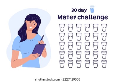 Woman writing in a notebook and 30 day water challenge checklist with glasses of water. Healthy lifestyle, diet, health care, healthy habits and the daily rate of water concept. 