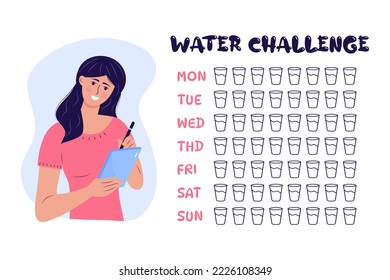 Woman writing in a notebook and daily water tracker, days of week and checklist glasses of water. Water balance tracker with 8 glasses per day rule. Healthy lifestyle, diet, health care, healthy habit