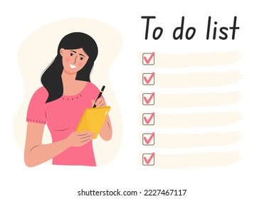 Woman writing in notebook, doing checking list. Large to do list template near her. To do list, day planning, time management, prioritizing tasks concept.