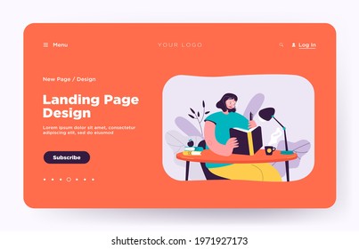 Woman writing in notebook. Female student reading book and taking notes. Girl keeping diary. Vector illustration for journal, studying, education concept