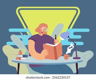 Woman writing in notebook. Female student reading book and taking notes. Girl keeping diary. Vector illustration for journal, studying, education concept