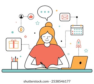 Woman writing in a notebook, surrounded by icons of communication and planning, illustration style.