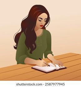 Woman Writing in Notebook Vector Illustration Thoughtful Young Female with Long Hair in Green Outfit Journaling at Wooden Table for Creativity, Education, Literature, and Productivity Concepts