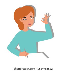 Woman writing with OK sign. Creative idea design. Flat vector illustration for template, brochure or presentation.
