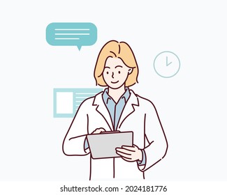 Woman writing on clip-board. Hand drawn style vector design illustrations.