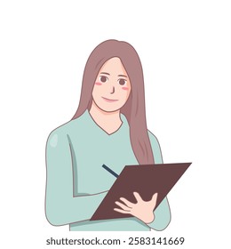 Woman writing on clipboard illustration. Businesswomen standing and holding pen. Tasking Notes.
