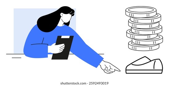 Woman writing on clipboard pointing at shoe near stack of coins, suggesting financial decisions. Ideal for business budgeting, economic planning, financial advice, market analysis, personal finance