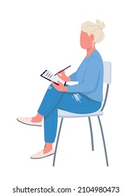 Woman writing on clipboard semi flat color vector character. Sitting figure. Full body person on white. Survey isolated modern cartoon style illustration for graphic design and animation