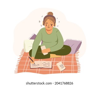 Woman writing on cozy blanket, with pillows, notebook and headphones. Girl listening to music and studying. Hygge home atmosphere. Flat vector illustration